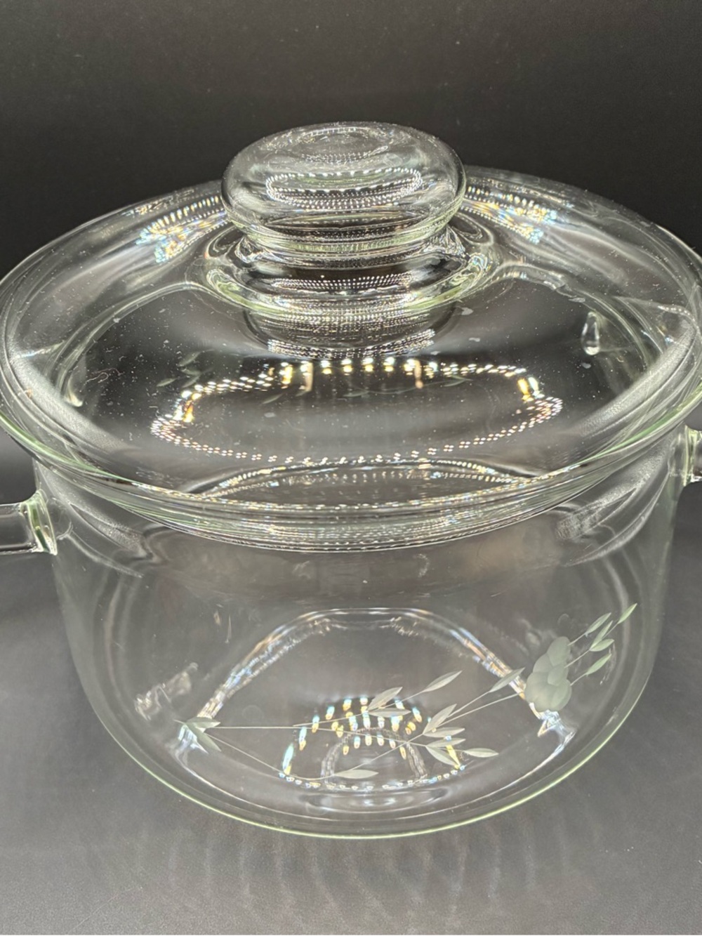 Princess House Glass Covered 4 QT Casserole with Heritage Series Floral Etching